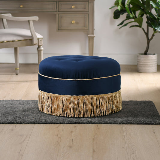 Yolanda 24' Round Upholstered Accent Ottoman, Navy Blue Velvet with Gold Trim