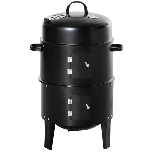 Outsunny Vertical Charcoal BBQ Smoker, 3-in-1 16' Round Charcoal Barbecue Grill with 2 Cooking Area, and Thermometer for Outdoor Camping Picnic Backyard Cooking, Black