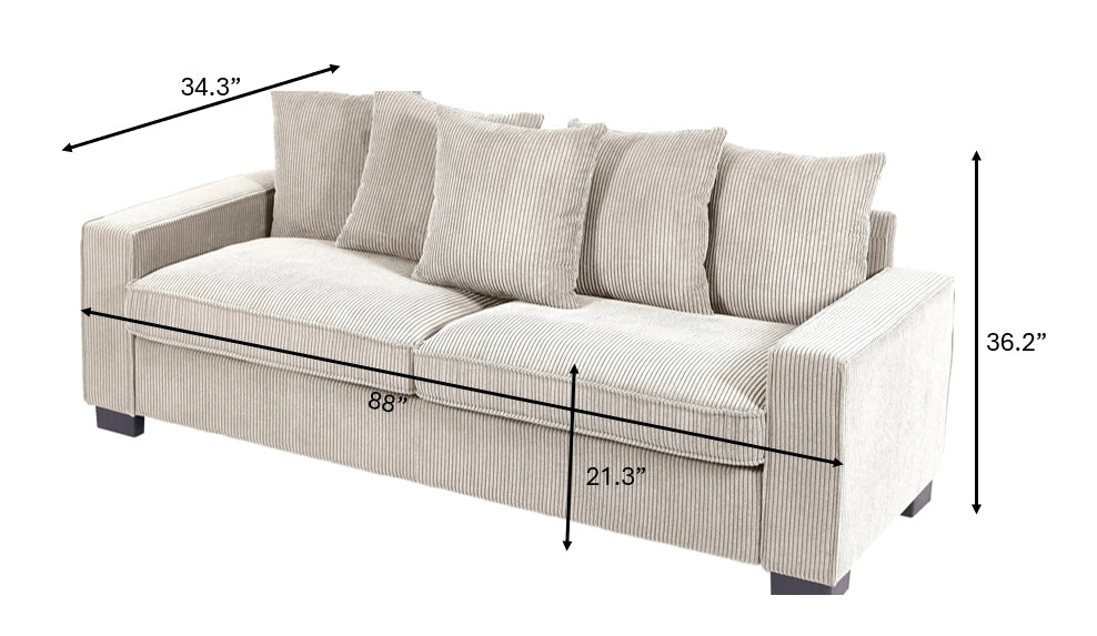 Luxe Corduroy Sofa with 5 Matching Toss Pillows, Sleek Design, Spacious and Comfortable 3 Seater Couch for Modern Living Room, Large, Ivory
