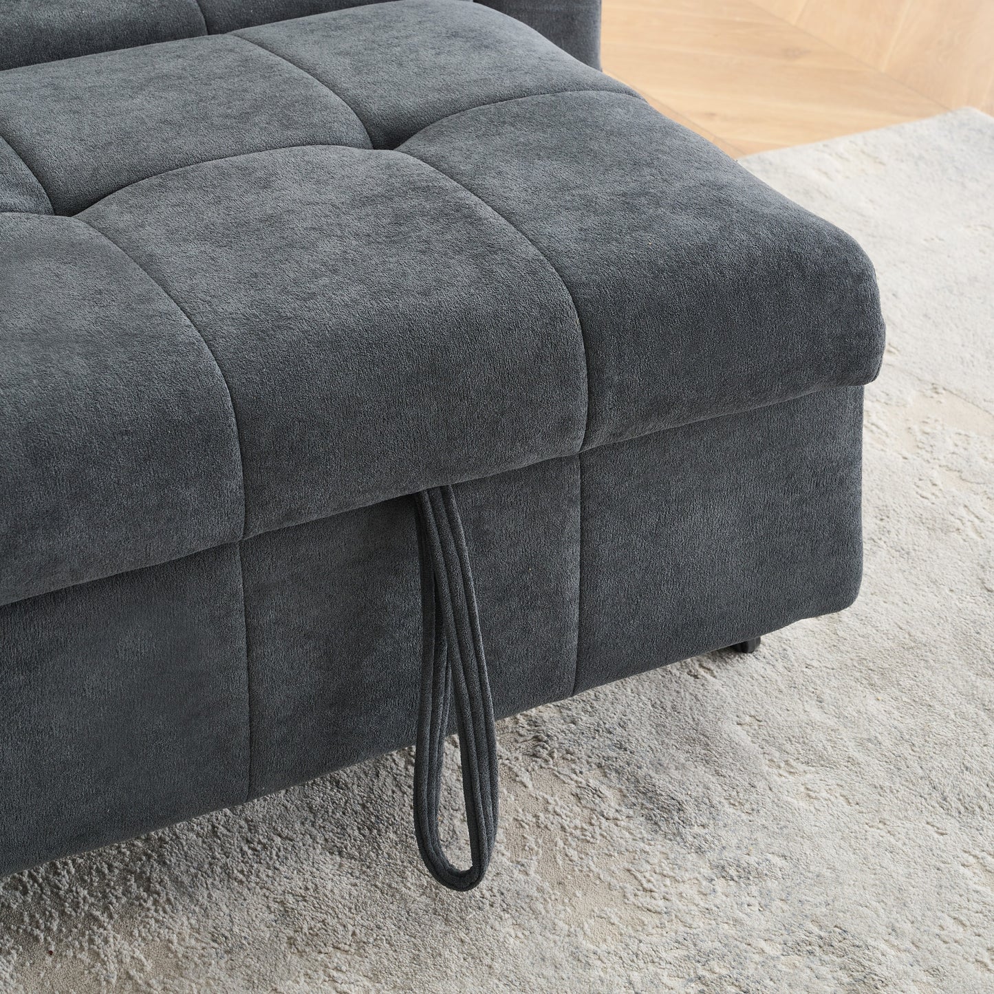 77.9-inch folding dual-purpose three-seater dark grey flannel sofa that can be pulled out and turned into a bed, suitable for use in bedrooms and living rooms.