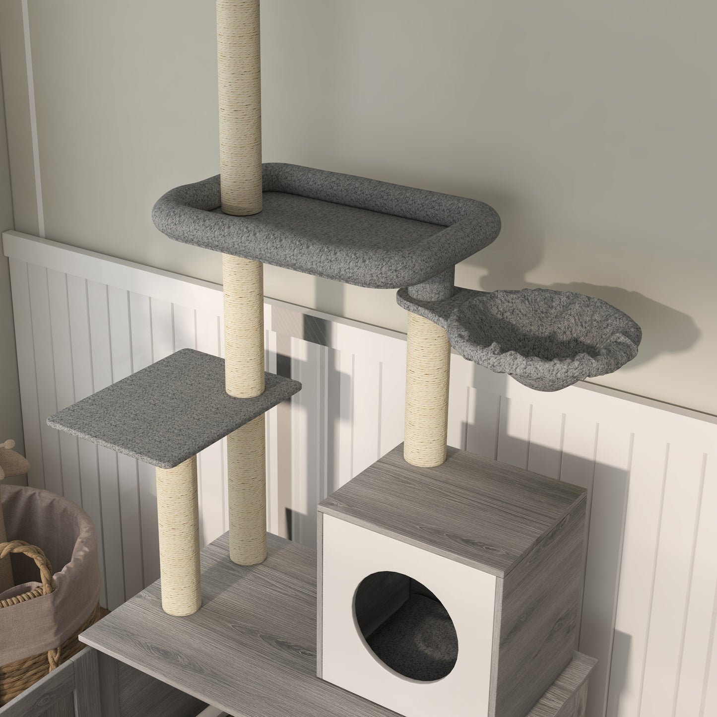 PawHut Cat Tree with Litter Box Enclosure, 2 in 1 Floor to Ceiling Cat Tower Litter Box Furniture with Condo, Bed, Hammock, Scratching Posts, and Platforms for Indoor Use, Gray