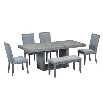 TOPMAX Contemporary 6-Piece 78inch Extendable Pedestal Dining Table Set with 18inch Removable Leaf and Dining Bench, 4 Upholstered Dining Chairs, Gray