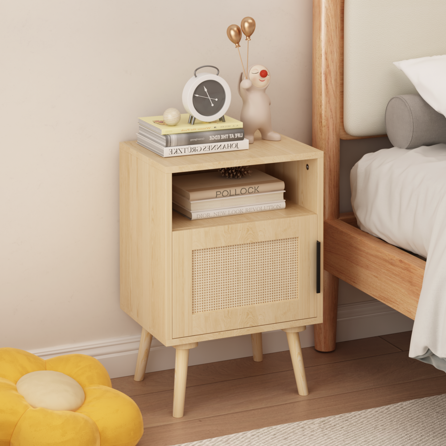22.83'' H Rattan Nightstand, Side Table with Door Open Shelf,  Accent Bedside End Table with Solid Wood Legs for Bedroom, Dorm and Small Spaces, Oak