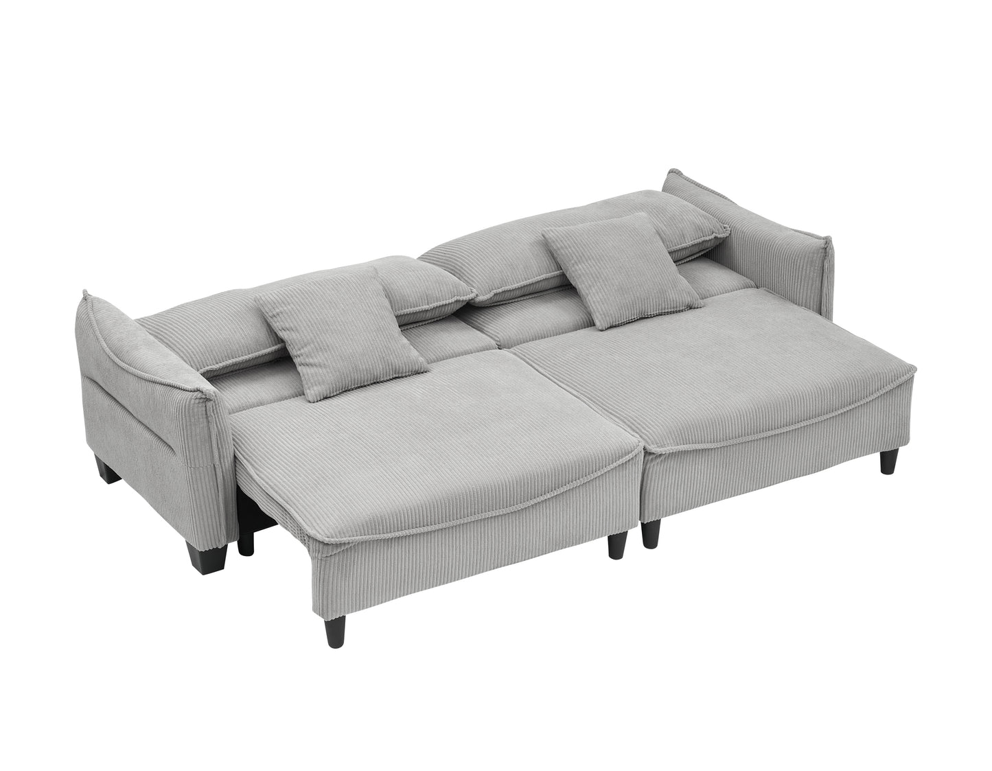 Sofa with Grey Corduroy Fabric, Convertible to Sofa Bed with Two Throw Pillows: Perfect for Living Rooms & Versatile Spaces