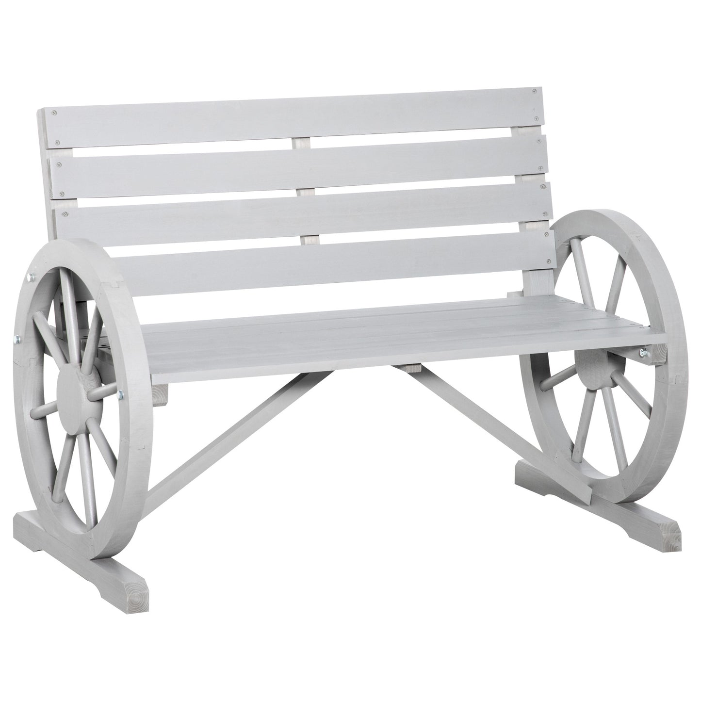 Outsunny 41' Wooden Wagon Wheel Bench, Rustic Outdoor Patio Weather Resistance Furniture, 2-Person Slatted Seat Bench with Backrest, Light Gray