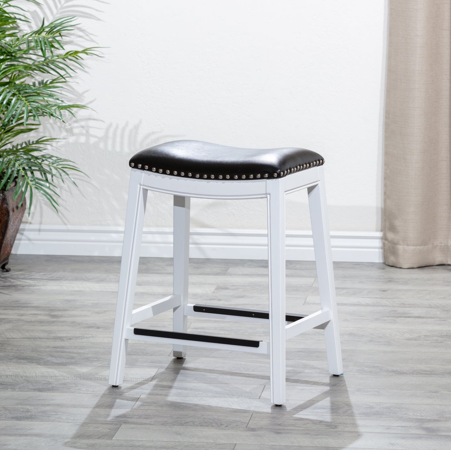 24" Counter Stool, White Finish, Black Leather Seat