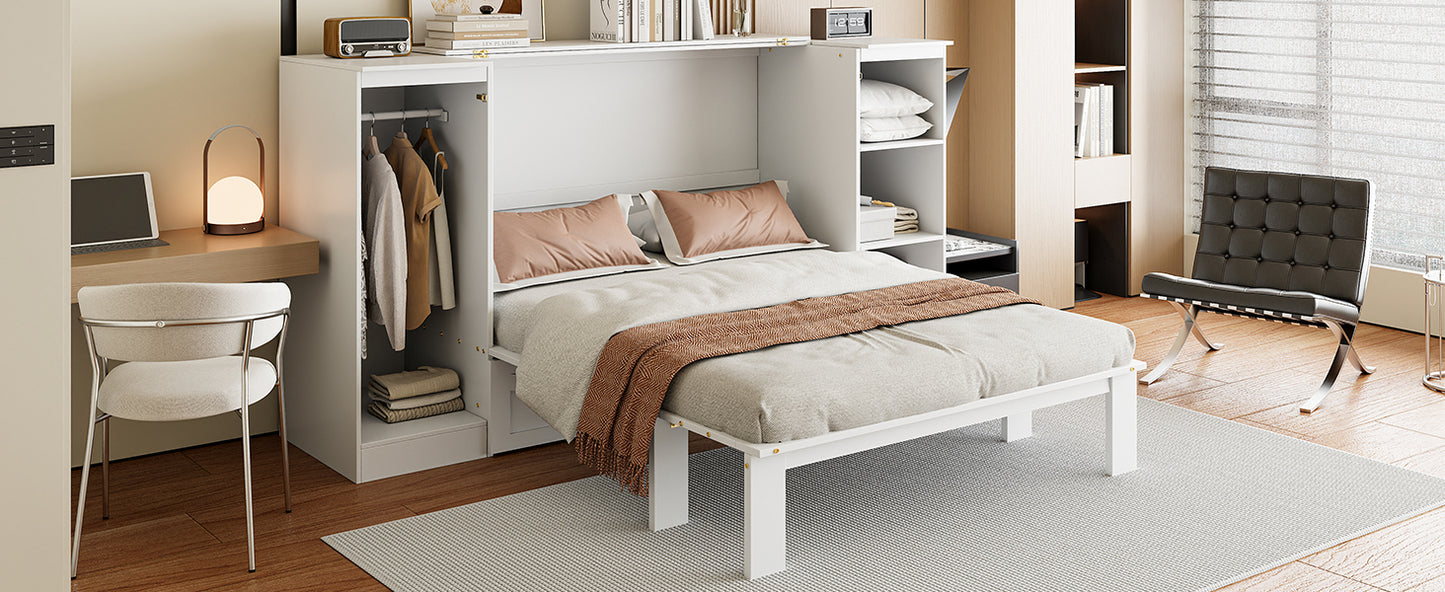 Twin Size Murphy Bed with Bedside Shelves and Wardrobe, White