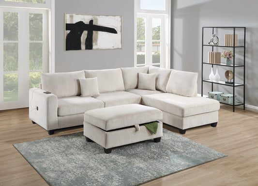 Ivory Color 3pc Sectional Set Corduroy Upholstered LAF Sofa RAF Chaise Ottoman L-Sectional Living Room Furniture