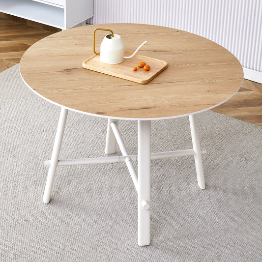 A modern and minimalist circular dining table with a 42 inch diameter wood colorer patterned tabletop and white metal legs. Suitable for restaurants, living rooms, and conference rooms.