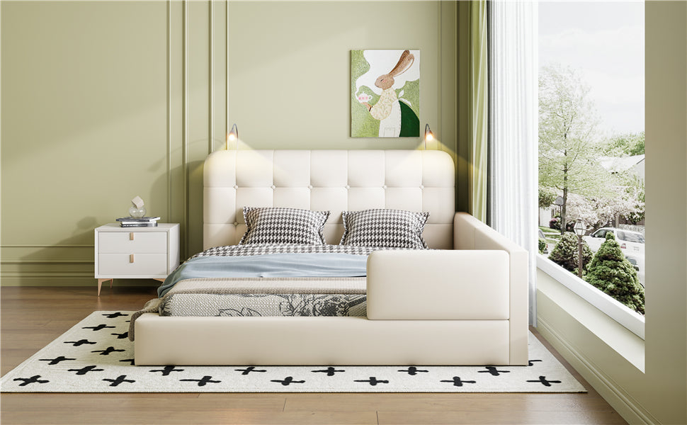 Queen Size Upholstered Platform Bed with 2 Reading Lights, White