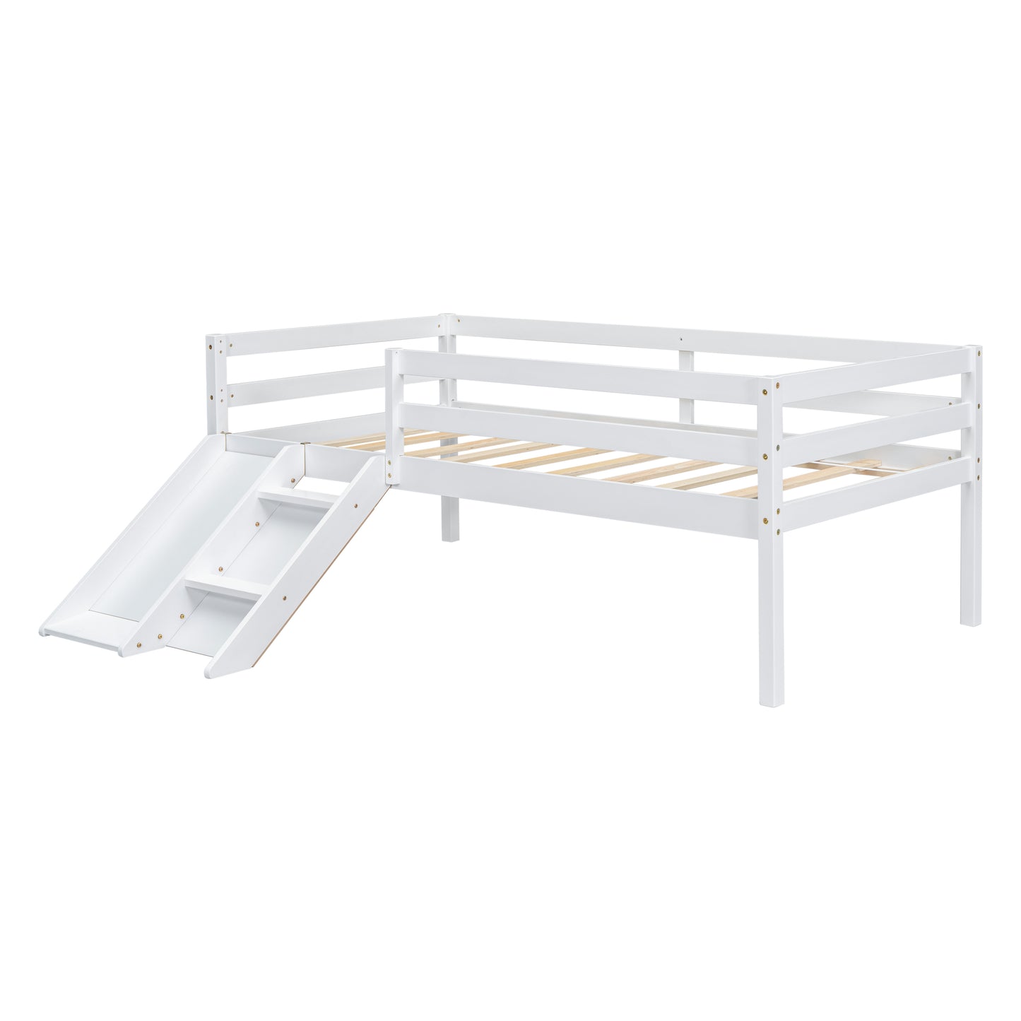 Twin Low Loft Bed with Slide,  Ladder, Safety Guardrails, No Box Spring Needed,White