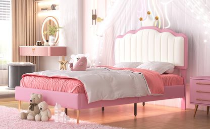 Twin size Upholstered Princess Bed With Crown Headboard, Platform Bed with  with Light Strips,Golden Metal Legs, White+Pink