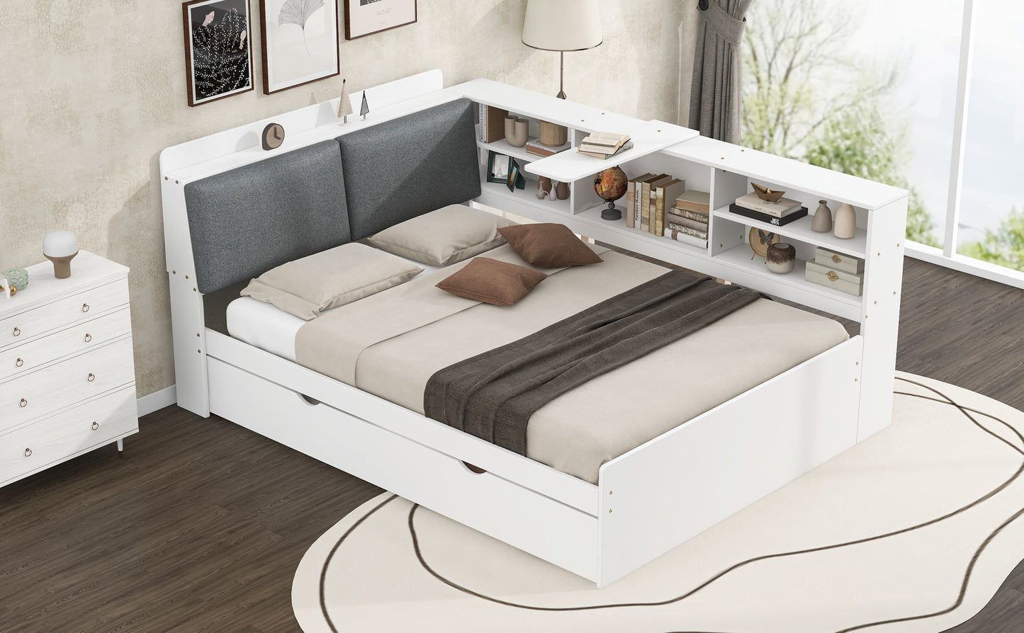 Wood Full Size platform bed with Trundle, Shelves and Storage Headboard, White