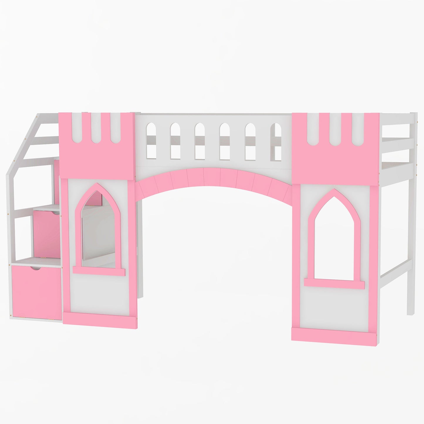 Pink Twin Size Loft Bed with Storage Staircase and Windows, Pinewood and MDF Construction