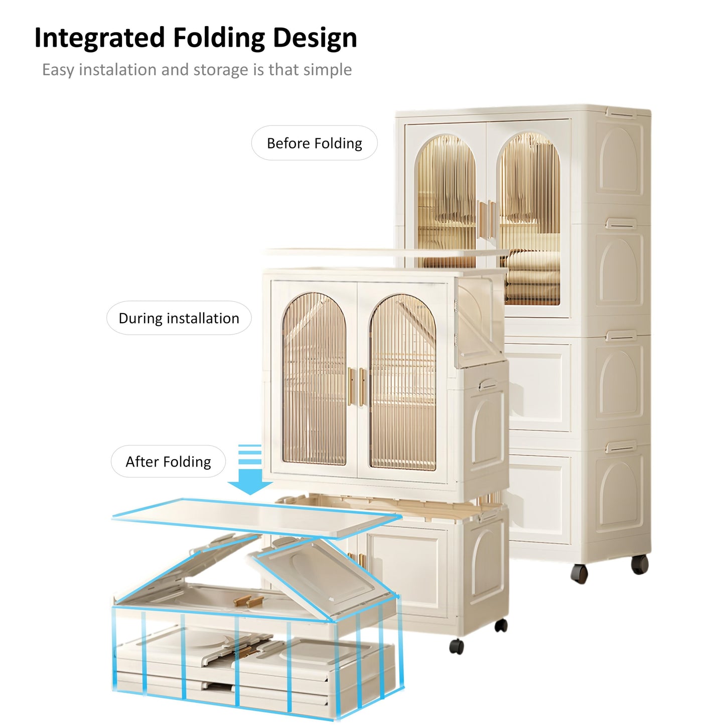 25.59" Side Wide Folding Wardrobe , 25.59"×15.75"×57.09",  with Magnetic Door, Plastic Storage Cabinet with Wheels( one layer of wardrobe + two layers of  folding boxes+10 hangers )