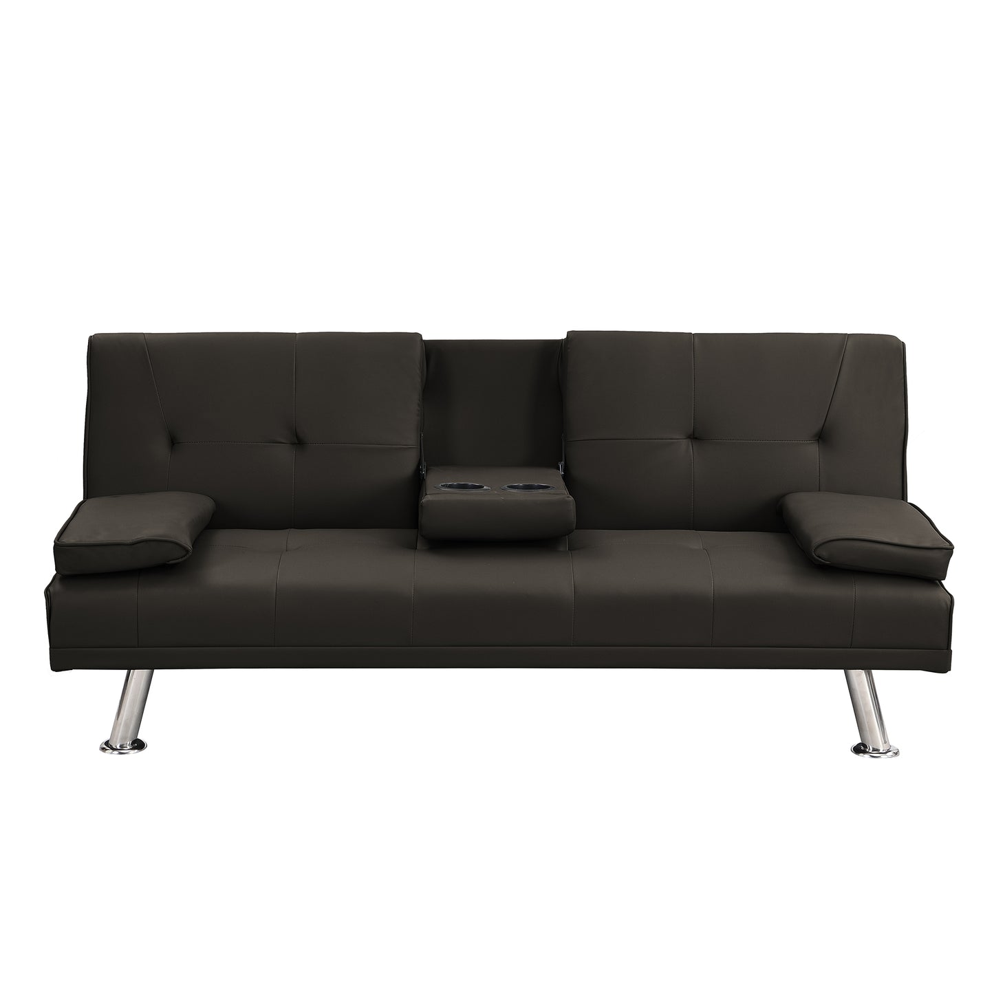 Contemporary Sofa Bed with Armrest Two Holders in Dark Brown PVC, Wood Frame, Stainless Legs