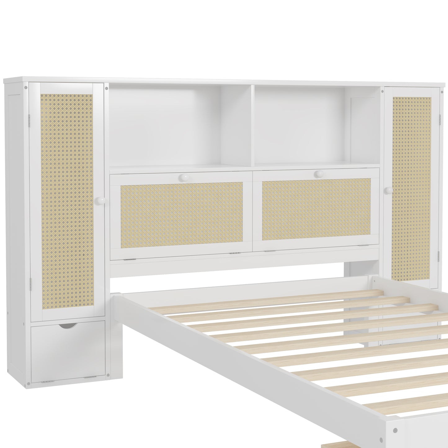 Twin Size Wooden Bed with Two Storage Lockers, Drawer, and Storage Shelf on Headboard, Multifunctional Platform Bed with Natural Rattan, White