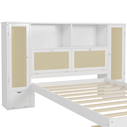 Twin Size Wooden Bed with Two Storage Lockers, Drawer, and Storage Shelf on Headboard, Multifunctional Platform Bed with Natural Rattan, White