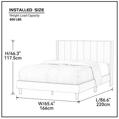 Queen Bed Frame/Velvet Upholstered Bed Frame with Vertical Channel Tufted Headboard Beige