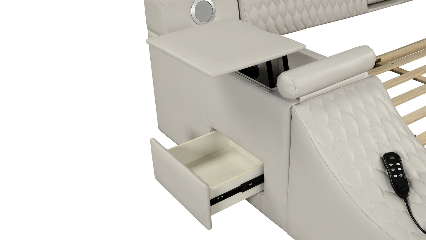 Smart Multifunctional Queen Size Bed Made with Wood in Beige