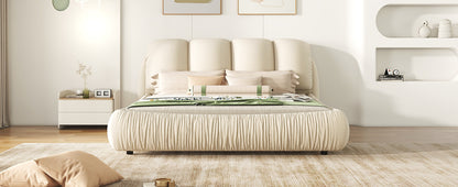 King Size Luxury Upholstered Bed with Thick Headboard, Velvet King Bed with Oversized Padded Backrest, Beige(Expect Arrive date 2024/3/12)