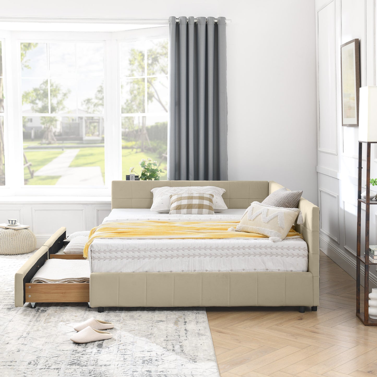 Full Size Storage Upholstered Tufted Bed Frame, Sofa Bed Frame with Comfortable Backrest and Armrests, Full Size Bed for Bedroom, Living Room,Velvet, BEIGE(80.5''*59''*29.5'')