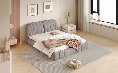 Queen Size Upholstered Platform Bed with Thick Fabric, Polyester, Gray