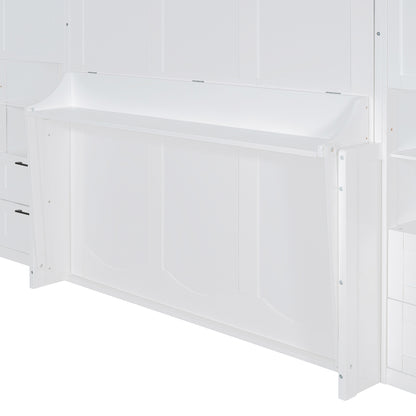 Queen Size Murphy Bed Wall Bed with Closet ,Drawers and Shelves,White