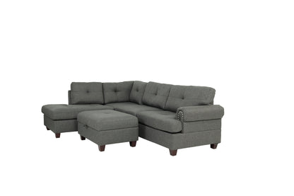 3-pcs Sectional Sofa Blue Grey Polyfiber Cushion Sofa Chaise Ottoman Reversible Couch Pillows