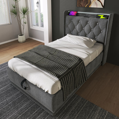 Twin size Upholstered bed, 360 surround LED function, Buttons/Apps/Remote Control, hydraulic storage bed with USB Type-C charging, Gray,Linen (Without mattress)