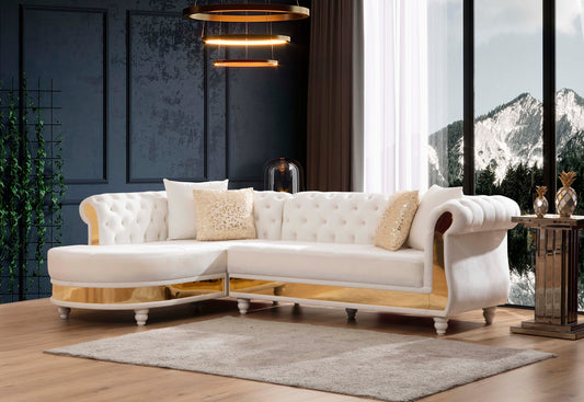 Gold Detailed Tufted Upholstery Sectional made with Wood In Off White