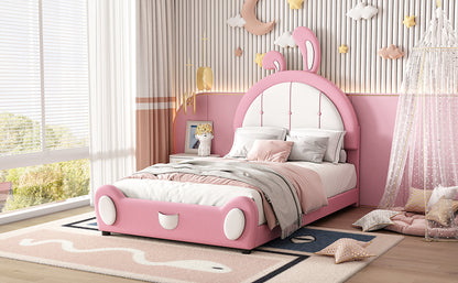 Twin Size Upholstered Platform Bed with Rabbit Shaped Headboard, Pink