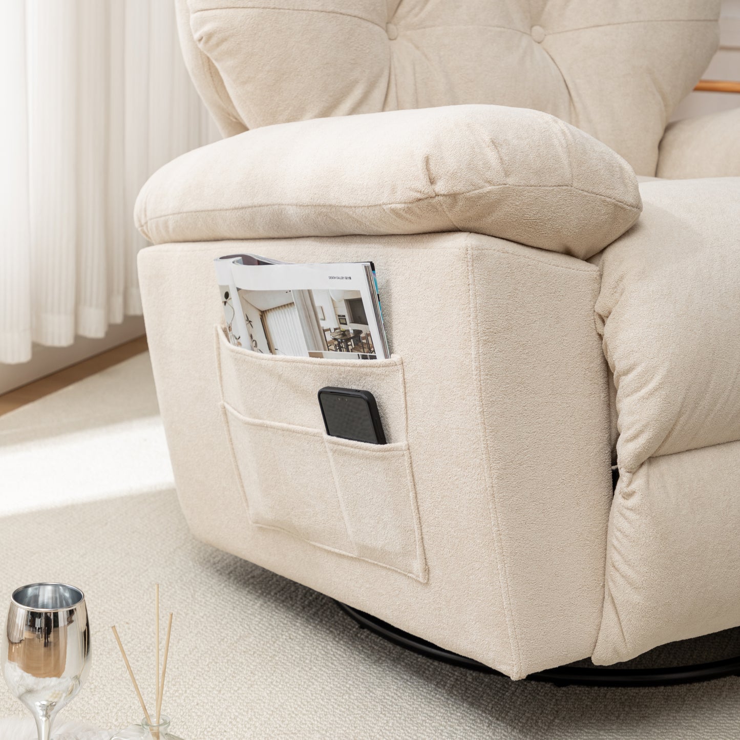 Beige Relaxing Recliner Chair,Soft Artificial Fleece, Overstuffed, Swivel, Glider, Side Pocket