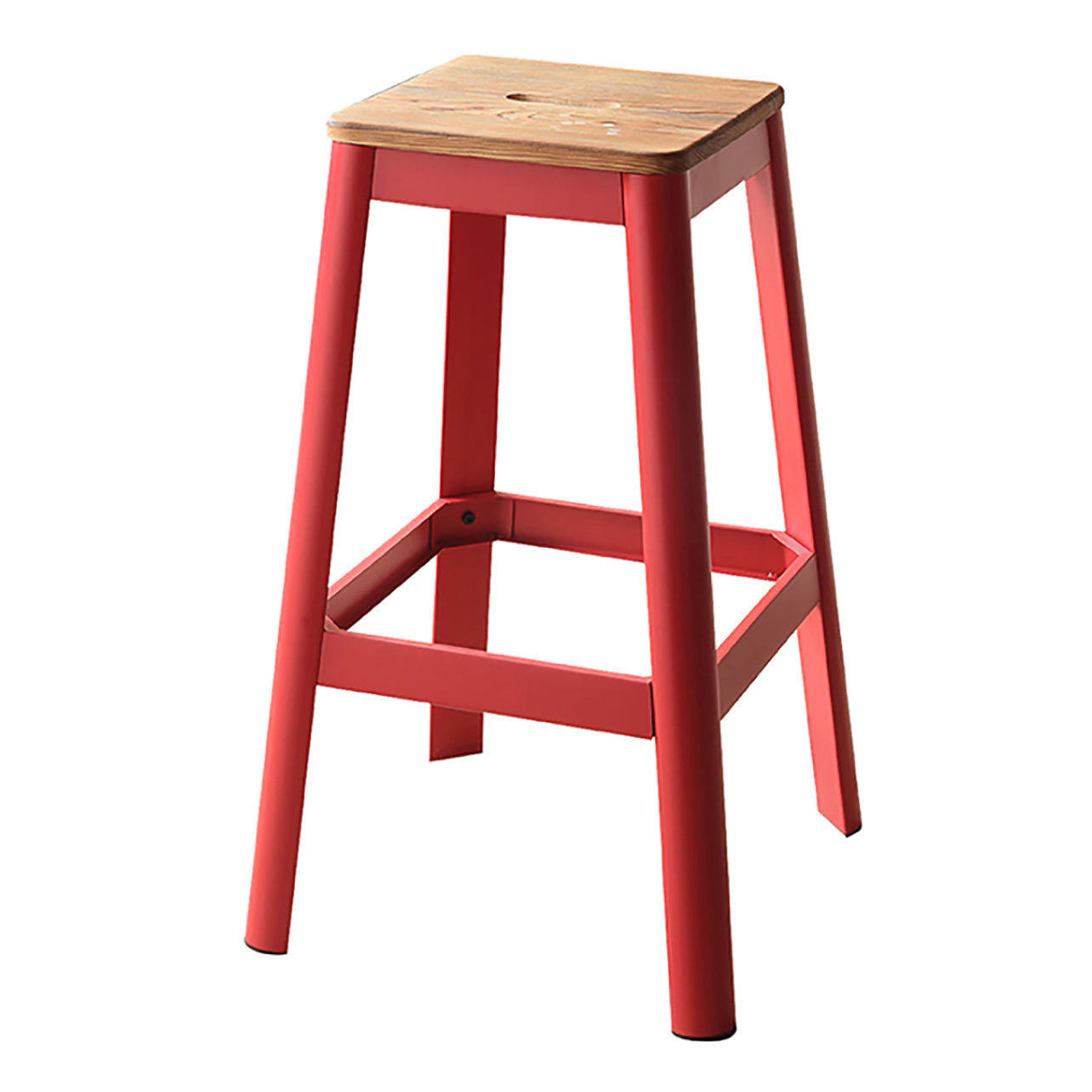 Natural and Red Armless Bar Stool with Crossbar Support