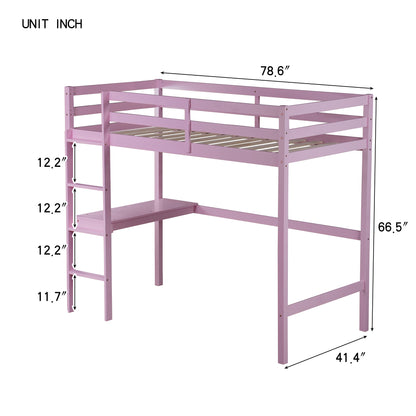 Twin High Loft Bed, Rubber Wood  Loft Bed with Safety Guardrail, built-in desk, ladder,Pink