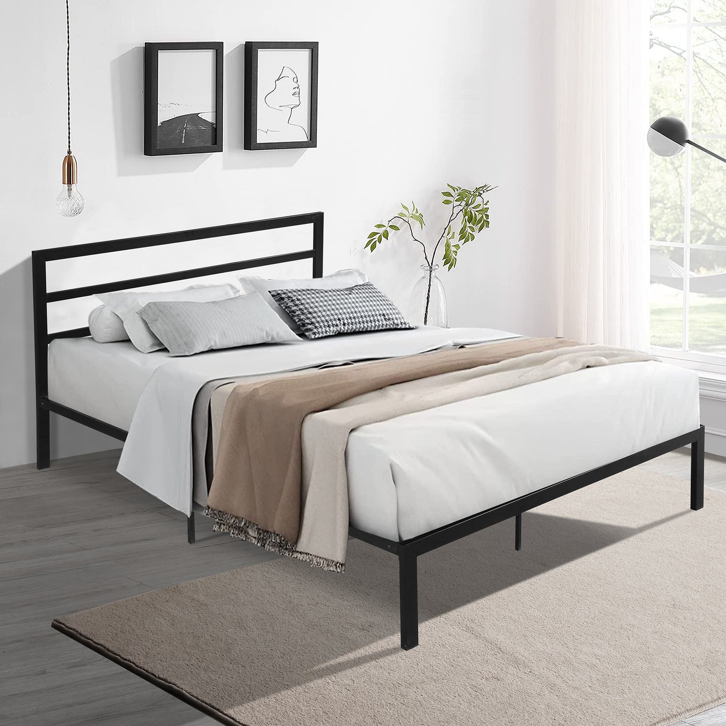 Queen Size Metal Bed Frame with Headboard Black