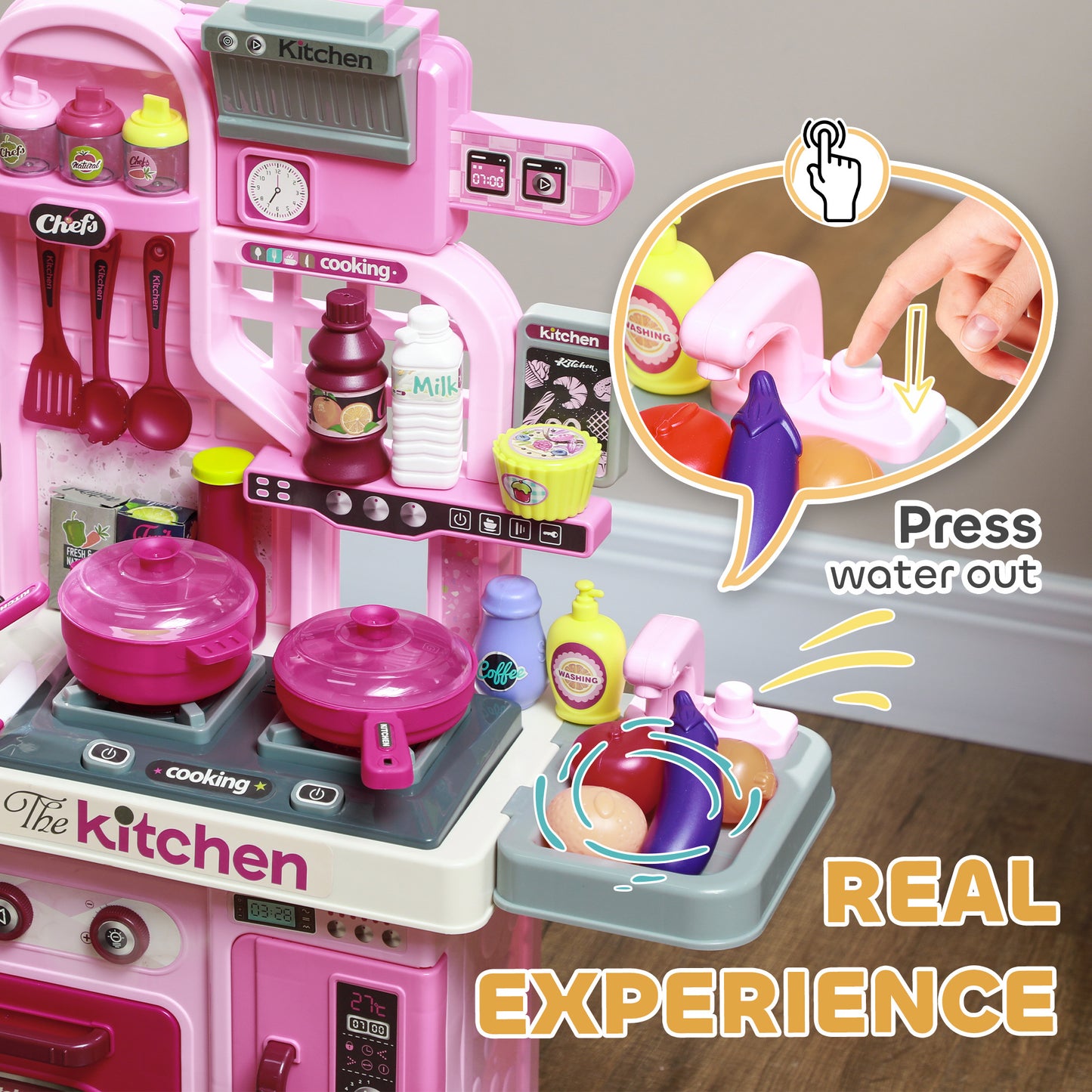 Qaba Play Kitchen, Kids Kitchen Playset Toy Kitchen with Lights, Sounds, 33 Accessories, Storage, Interactive Playset for Toddler 3-6 Years, Pink