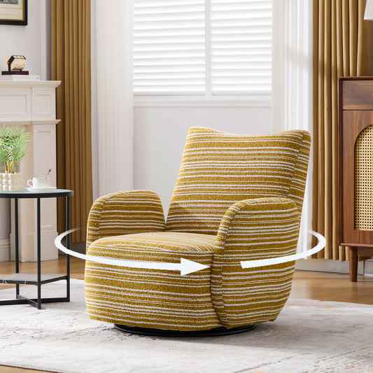 Modern Style 360° Swivel Leisure Chair Fabric Striped Armrest Swivel Chair with sand-rimmed fabric and metal bracket, suitable for living room, balcony and bedroom