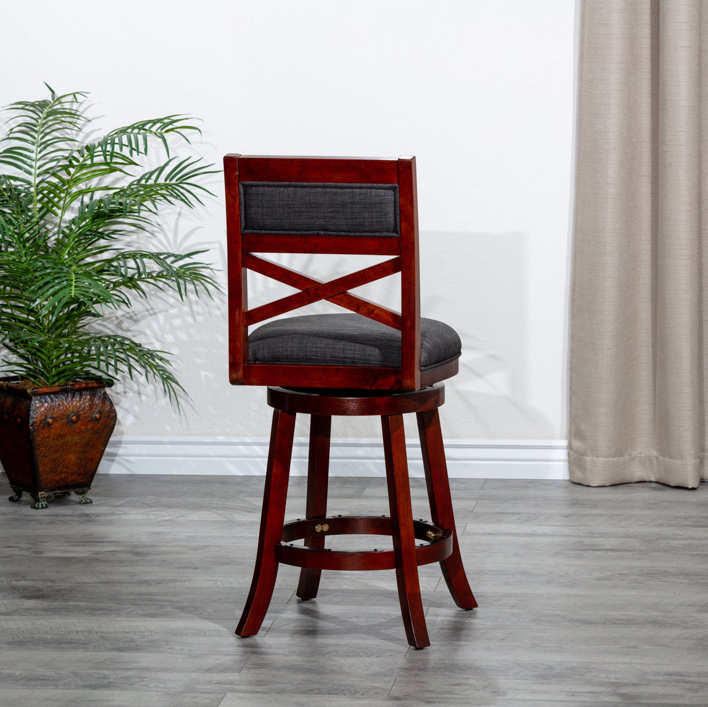 24" Counter Height X-Back Swivel Stool, Cherry Finish, Charcoal Fabric Seat