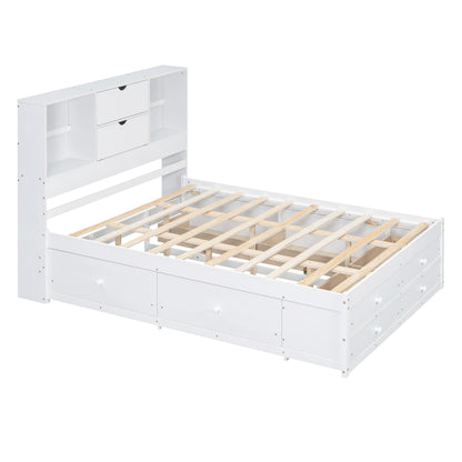 Queen Size Platform Bed with Storage Headboard and 8 Drawers, White