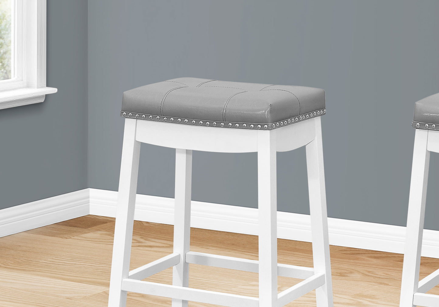 Bar Stool, Set Of 2, Bar Height, Saddle Seat, White Wood, Grey Leather Look, Transitional