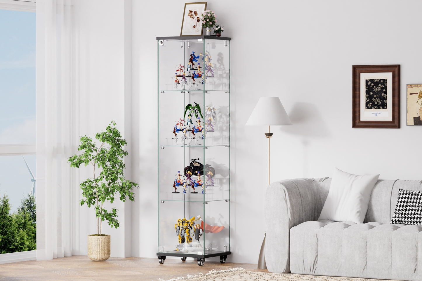 4 Tier Glass Display Cabinet, Single Door Glass Cabinet with Lock and Wheels, Floor Standing Storage Cabinet with 3 Acrylic Shelves for Living Room, Bedroom and Office, Black, 15.8"L x 14.2"W x 65.1"H