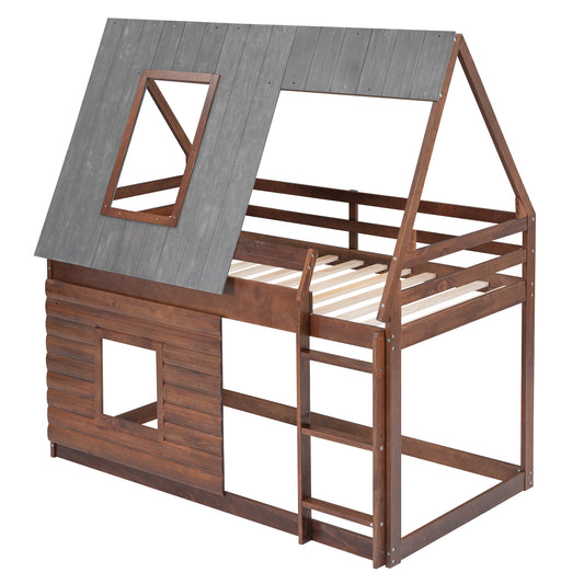Hearth & Haven Bunk Twin Bed with House Roof, Ladder and 2 Windows, Oak and Smoky Grey