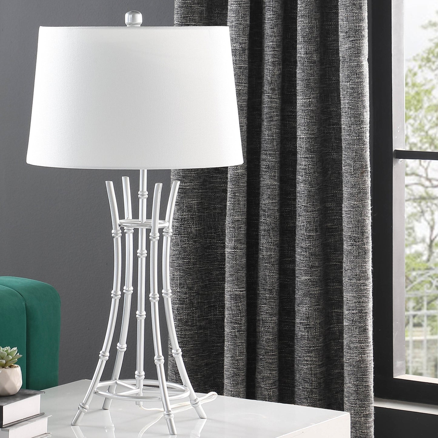 29.25" In Kiara Modern Satin Silver Bamboo Metal Table Lamp