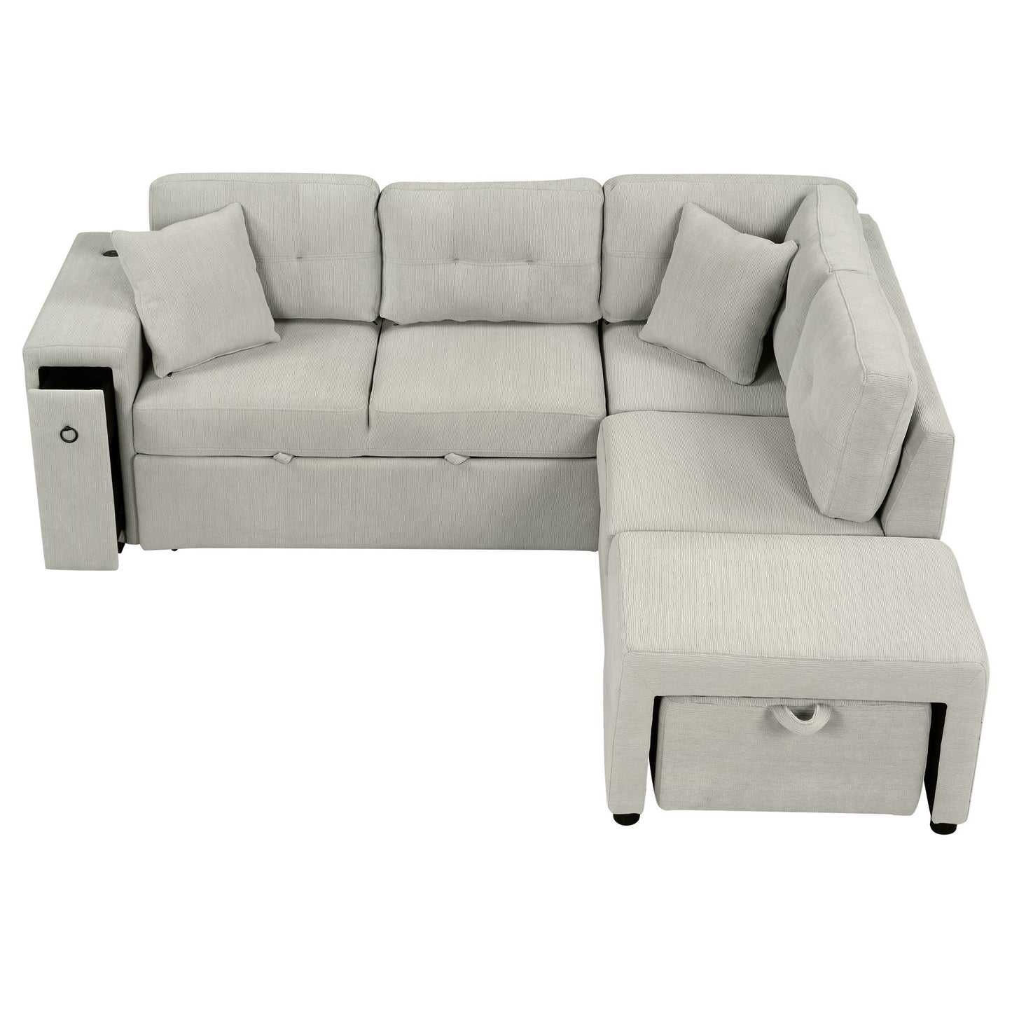 86.6" Sectional Sofa L-shaped Sofa Couch Pull-out Sofa Bed with a Movable Ottoman, Two USB Ports and Two Cup Holders for Living Room, Gray