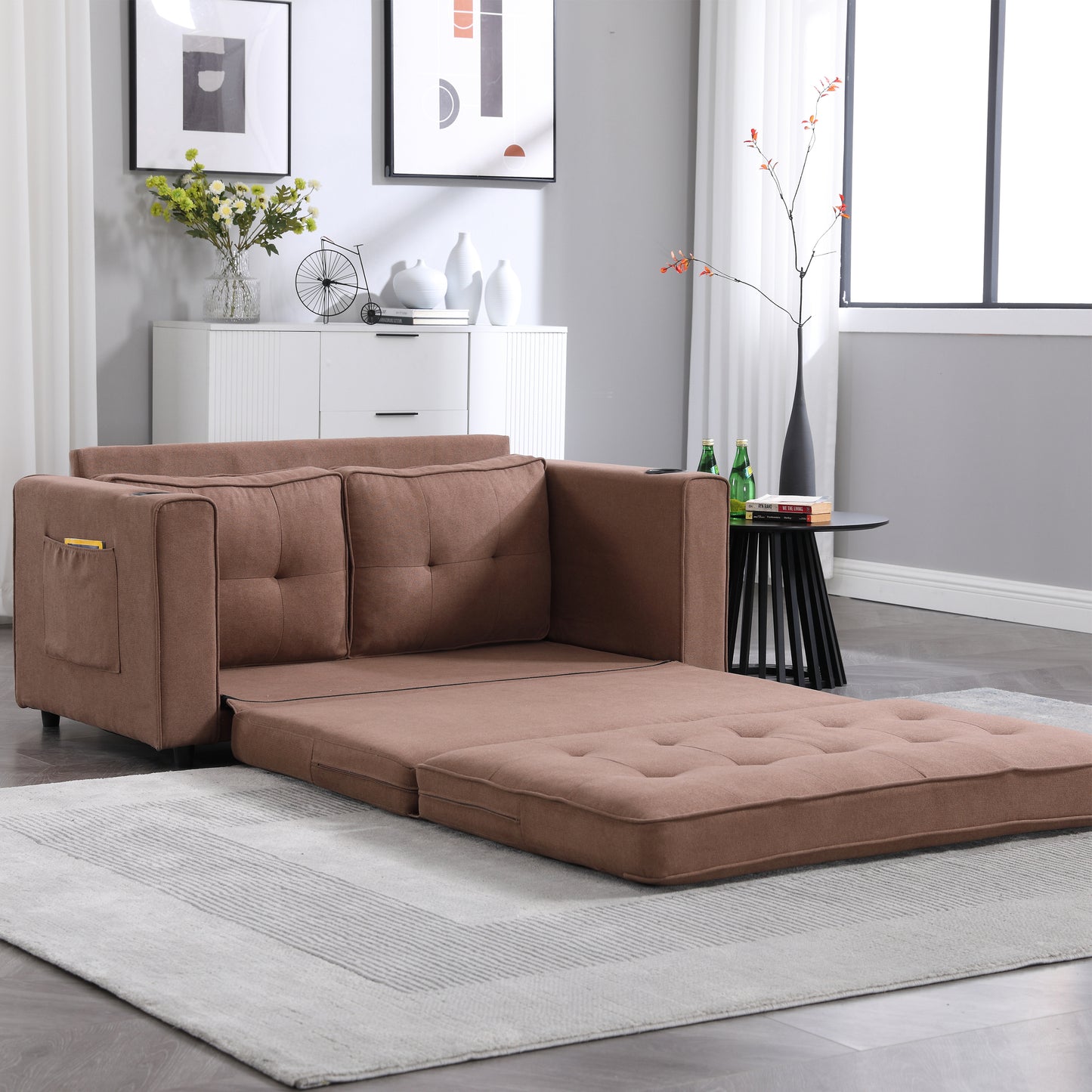 3-in-1 Upholstered Futon Sofa Convertible Floor Sofa bed,Foldable Tufted Loveseat with Pull Out Sleeper Couch Bed,Folding Mattres Love Seat Daybed W/Side Pockets for Living Room, Brown