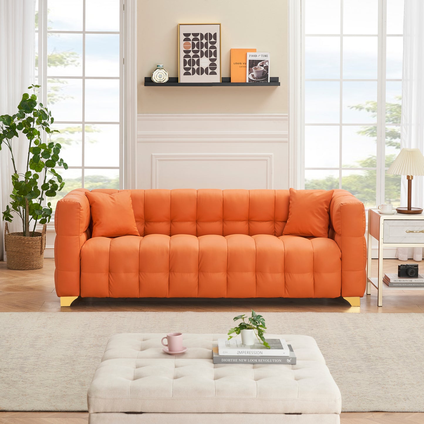 80 inches long, 21.7 inches deep, American body structure, technology fabric sofa, 3 seats waterproof and stain-proof, orange anti-cat paw sofa