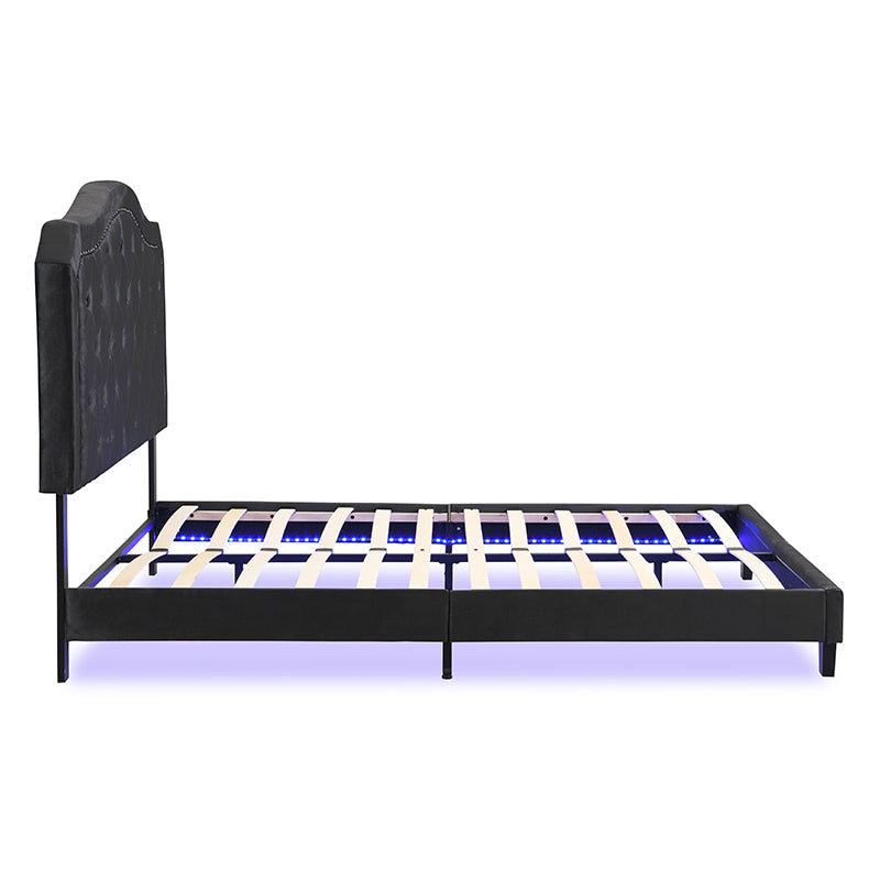 Upholstered Bed Button Tufted with Curve Design - Strong Wood Slat Support - Easy Assembly - Black Velvet - With LED light-platform bed - Queen