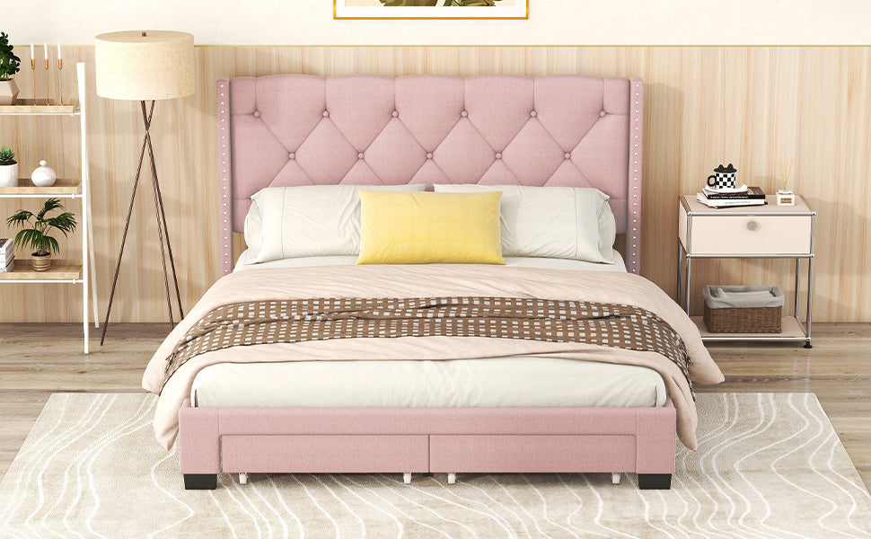 Queen Size Storage Bed Linen Upholstered Platform Bed with Two Drawers - Pink