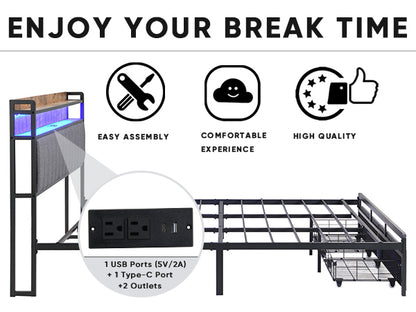 King Bed Frames with Storage Headboard and Drawers, LED Platform Bed Frame King Size, LED Upholstered Bed Frame with Charging Station, No Box Spring Needed, Easy Assembly, Grey